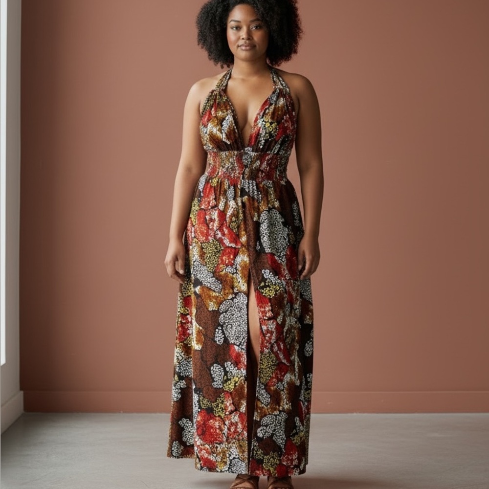 NWT Ankara African Print Halter Dress L/XL Pockets Maxi Dress Brown Red Tribal